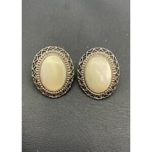 Vintage 1928 Brand Silver Tone‎ And Faux Mother Of Pearl Pierced Earrings